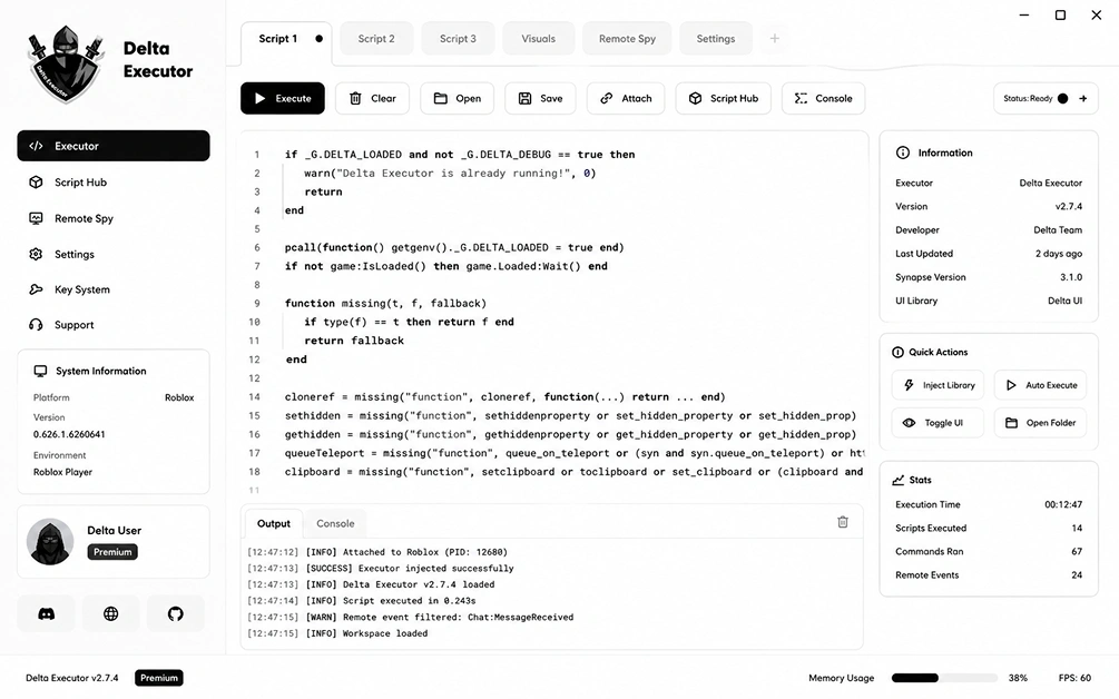 Delta Executor Interface showing script editor and injection panel